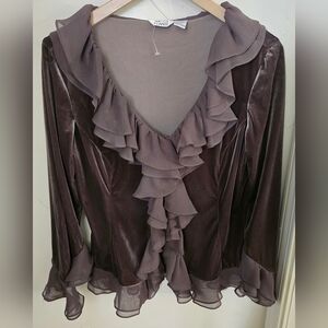NWT Ravel Dark Brown Ruffled Velvet  Blouse Medium